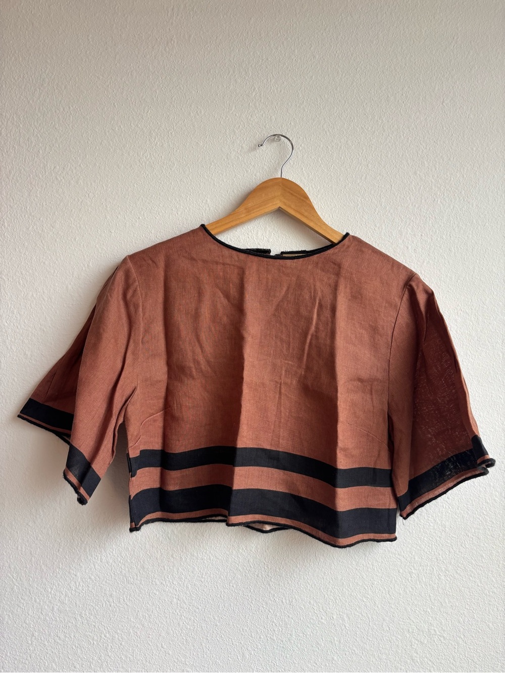 Magaschoni Brown Earthy Linen Oversized Boxy Crop Top with Black Stripes